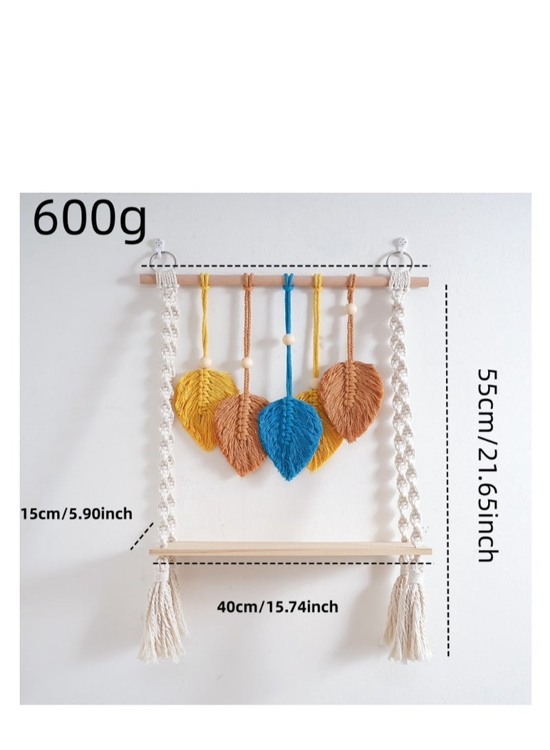 Macrame Wall Hanging Shelf, Boho Hanging Wall Decor Boho Shelf Woven Leaf Tapestry Shelf Boho Bookshelf Wood Floating Shelf for Bedroom Living Room Nursery Bathroom - Image 4